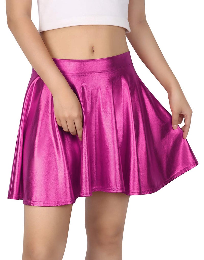 HDE Women's Solid Color Metallic Flared Pleated Club Skater Skirt Hot Pink - M - Image 1